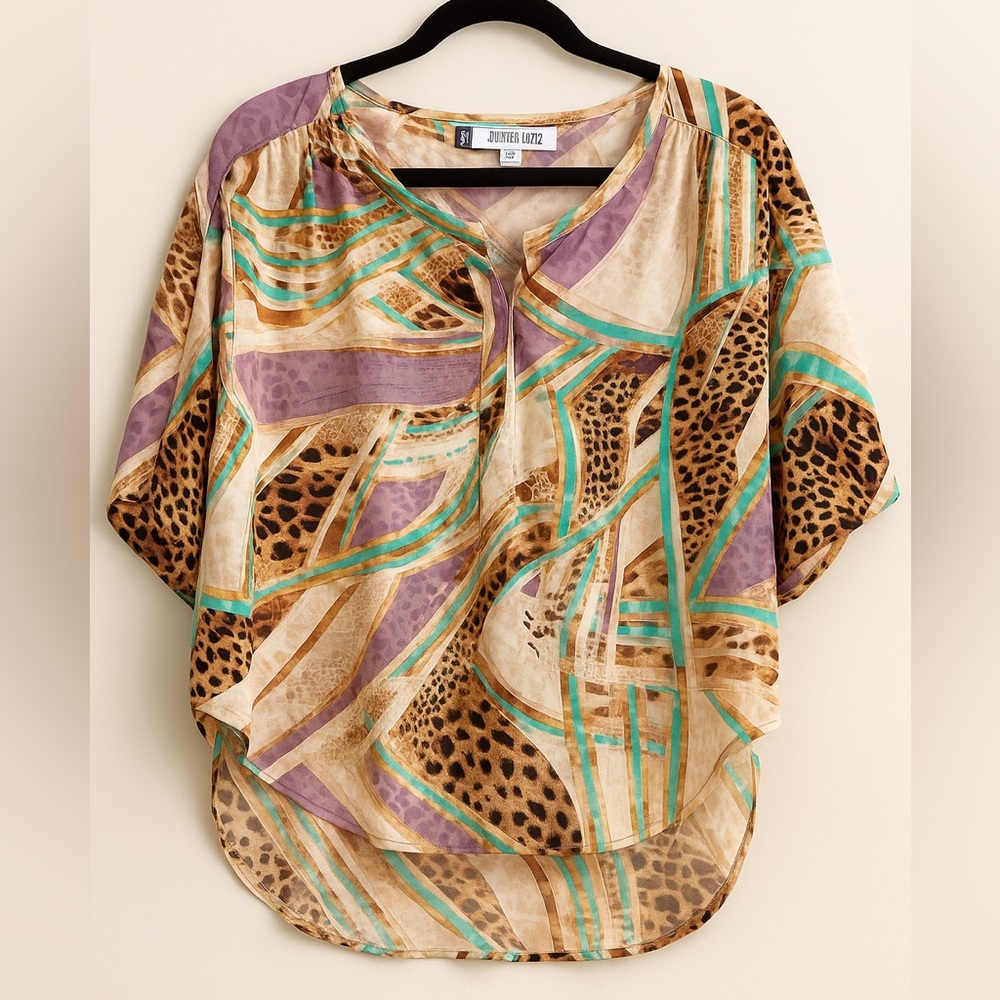 Jennifer Lopez Purple and Tan Abstract Blouse